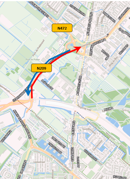 Rode lijn: N209 richting Bergschenhoek afgesloten Blauwe lijn: N209 richting Rotterdam is open voor verkeer